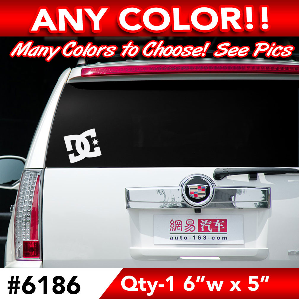 «DC SHOES» SOLID LARGE REAR WINDOW DECAL STICKER 6″w x 5″h ANY 1 COLOR