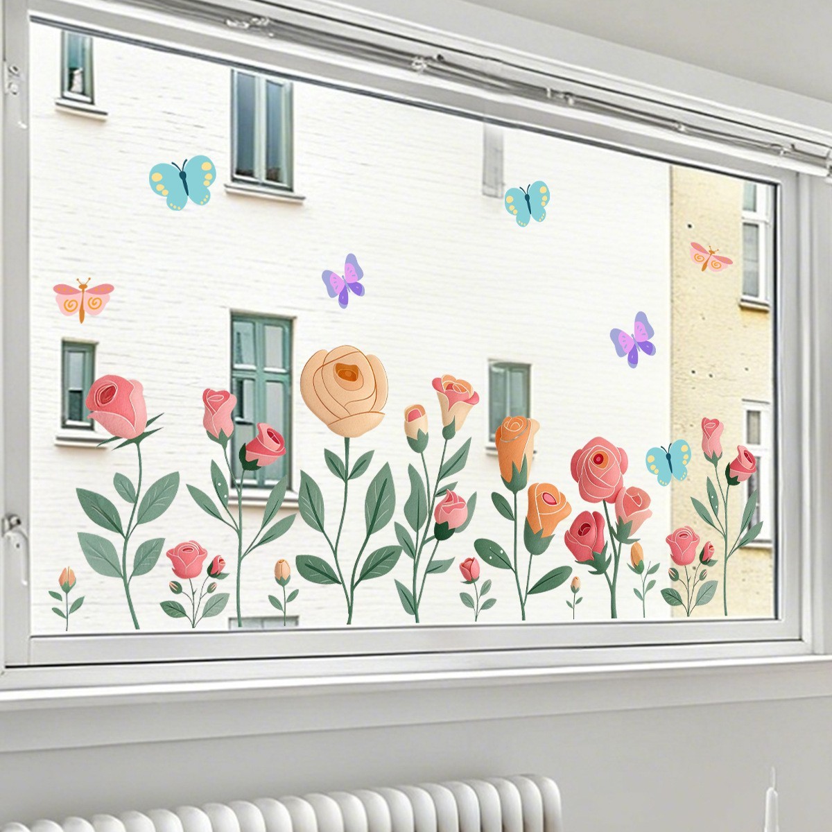 90x30cm Rose Butterfly Window Clings PVC Decals for Living Room Bedroom