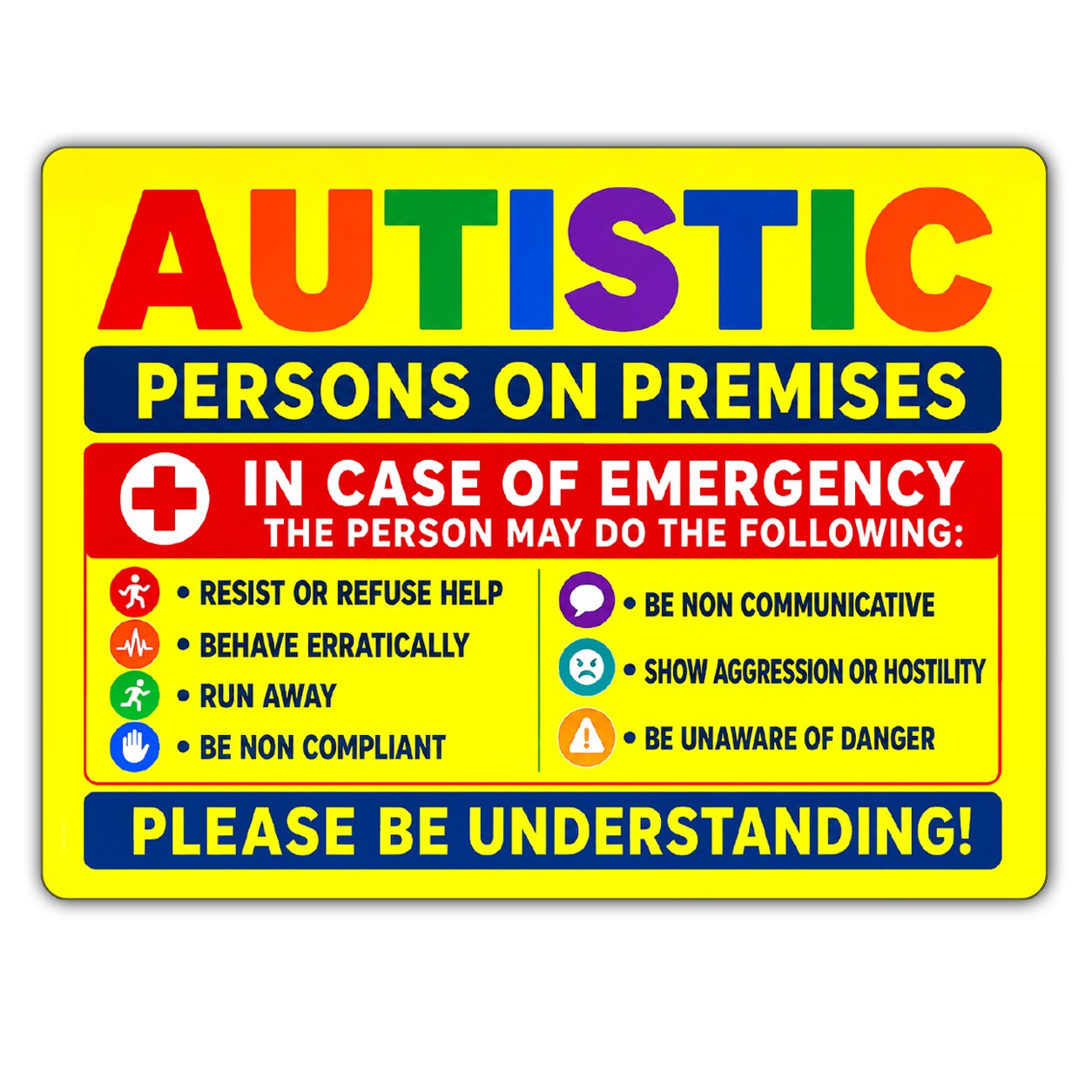 Autistic Awareness Sticker Person on Premises Emergency Vinyl Support Decal 7×5