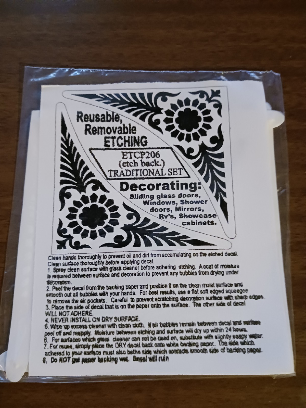 TRADITIONAL Etched (Etch Back) Look Cling 5″X5″ Corners Removable& Reusable 206