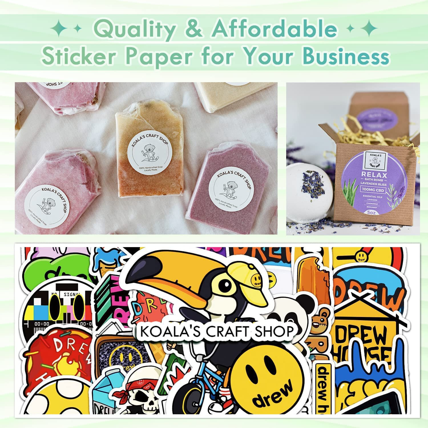 Koala Printable Vinyl Sticker Paper for Inkjet Laser 60PK 8.5×14 Waterproof Matt