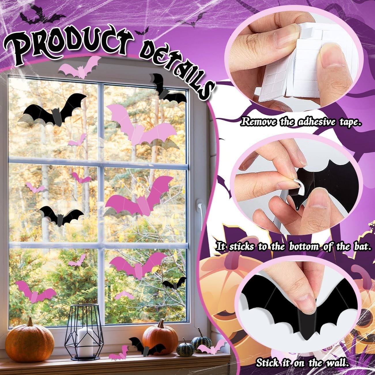 Charming 48PCS Pink Bat Wall Stickers – Glittery Halloween Accent Decor