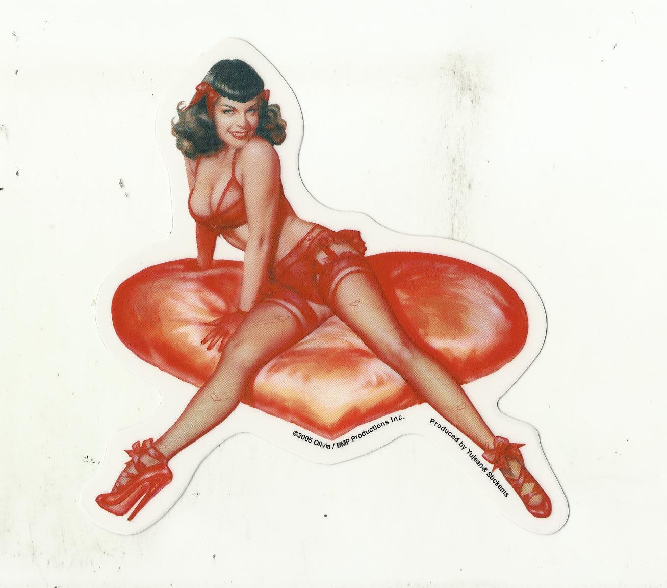 BETTIE PAGE STICKER DECAL «PILLOW BETTIE» 4 1/3 INCHES X 6 INCHES
