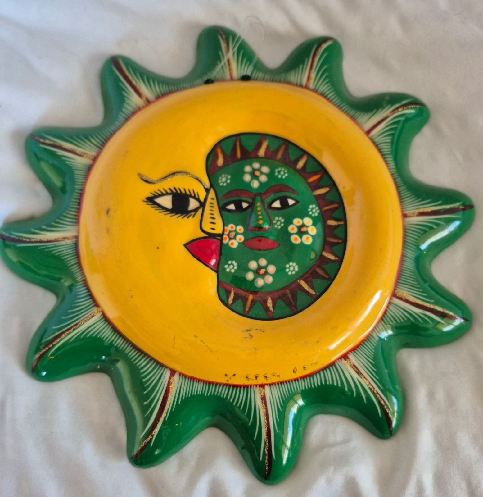 vintage Mexican Talavera sun Face hand painted Ceramic 10 inch eclipse folk art