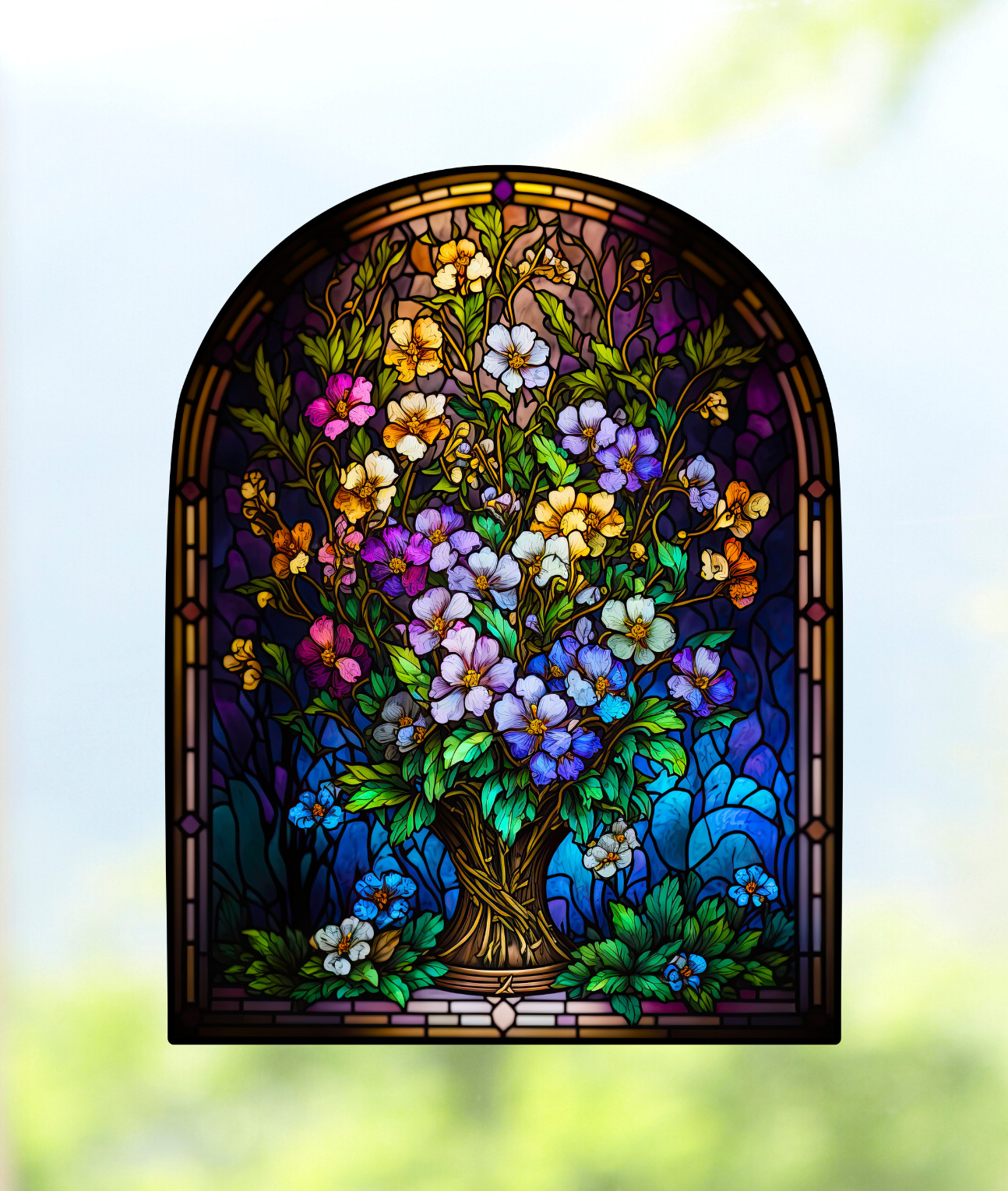 Primroses Faux Stained-Glass WINDOW CLING Size 10.3″ Arch Shape ~ Vinyl