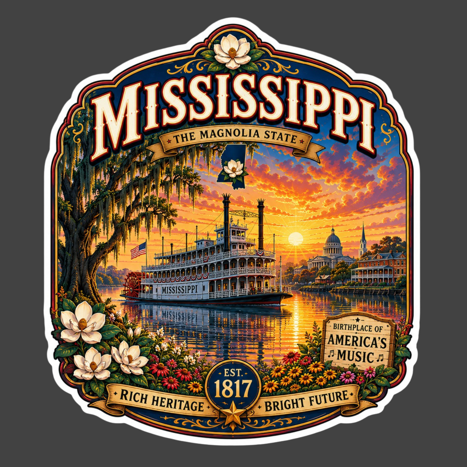 Mississippi Sticker Vinyl Decal Magnolia State Steamboat River Travel Souvenir