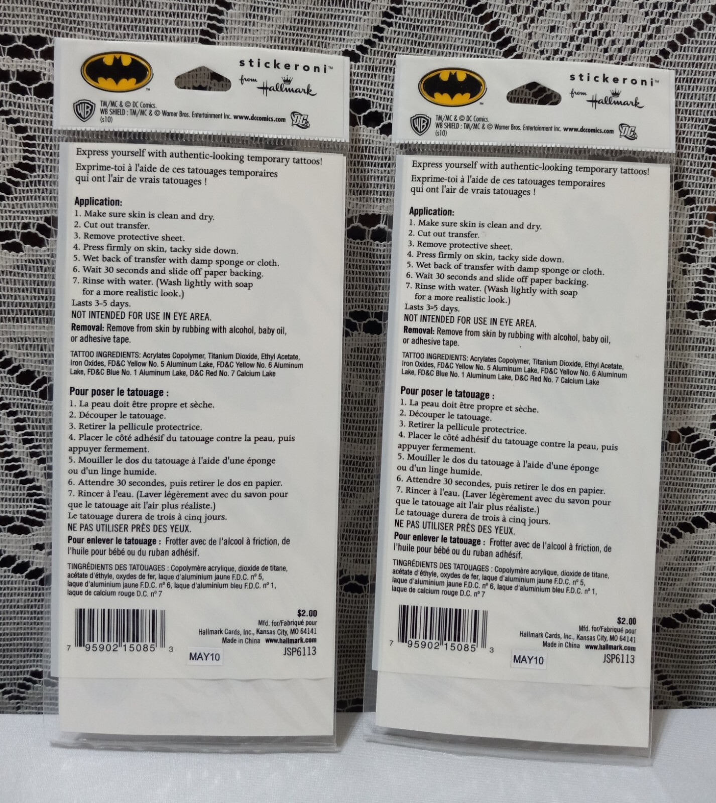 Lot 2 pks Batman Tattoos, DC Comics Super Hero Stickeroni Hallmark Ages 3 + Up