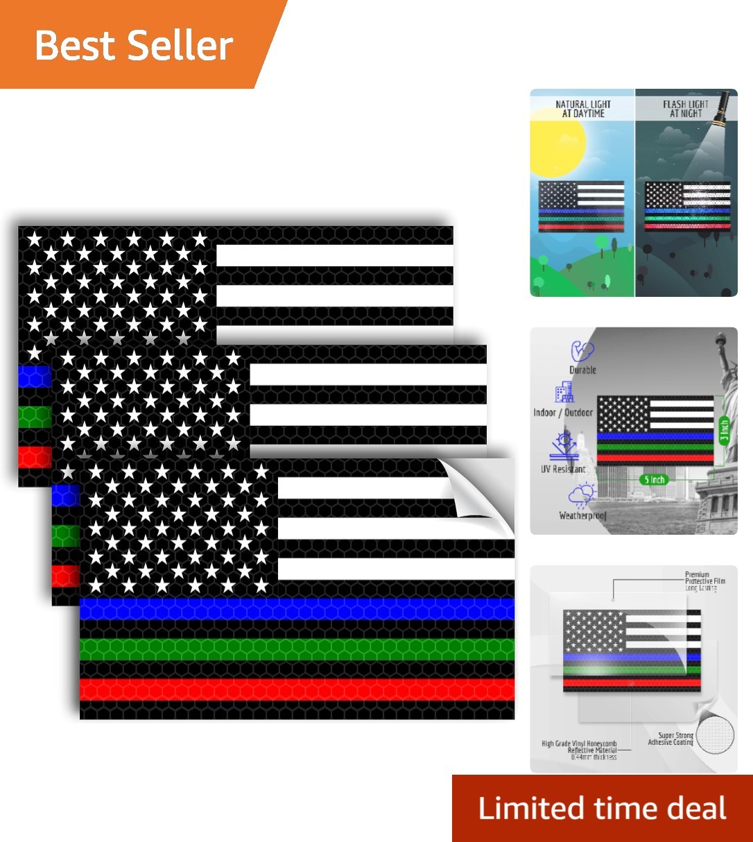 3PC Reflective Thin Line American Flag Sticker – 5×3 Inches – Blue Green and …