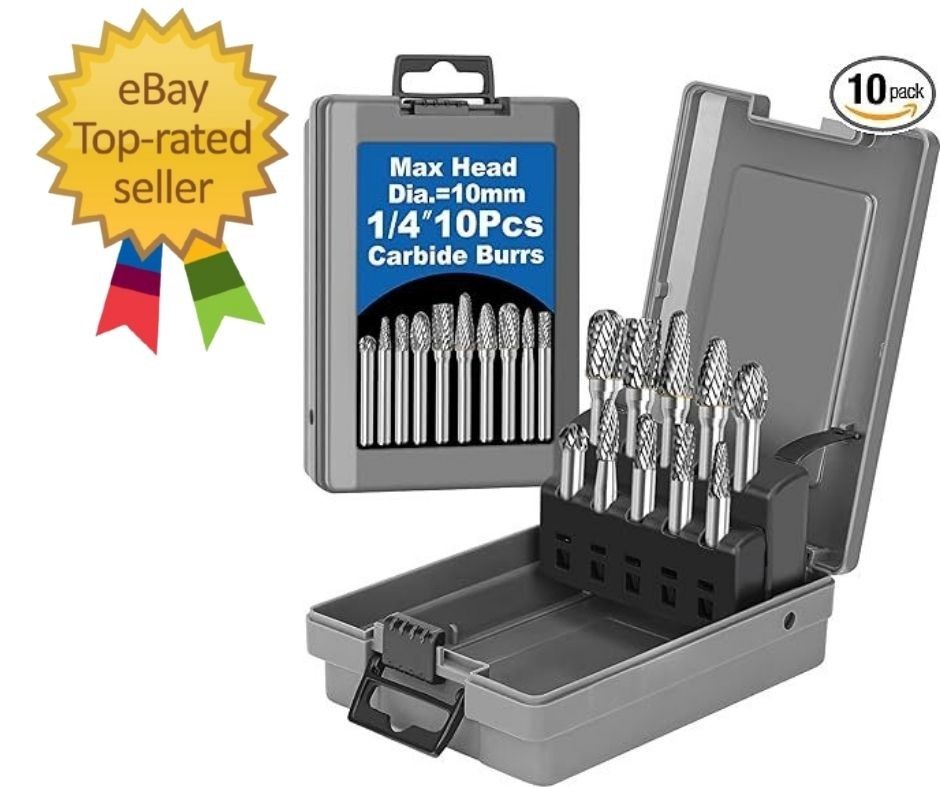 10Pcs Carbide Burr Set 1/4 Shank W/Grey Box Max Head Dia 10Mm Die Grinder Bits R