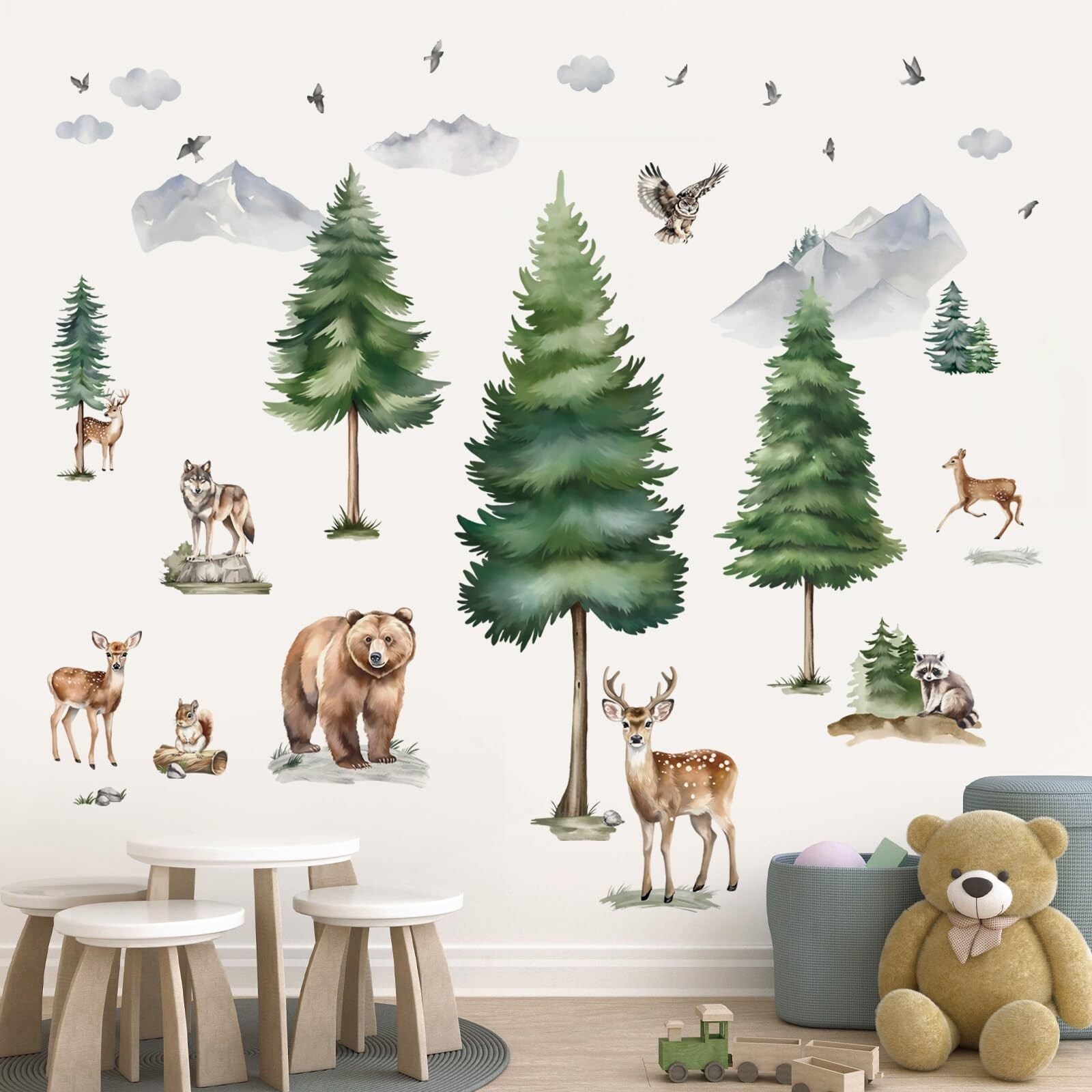 wondever Large Mountain Tree Wall Stickers Pine Tree Woodland Animal Deer Bea…