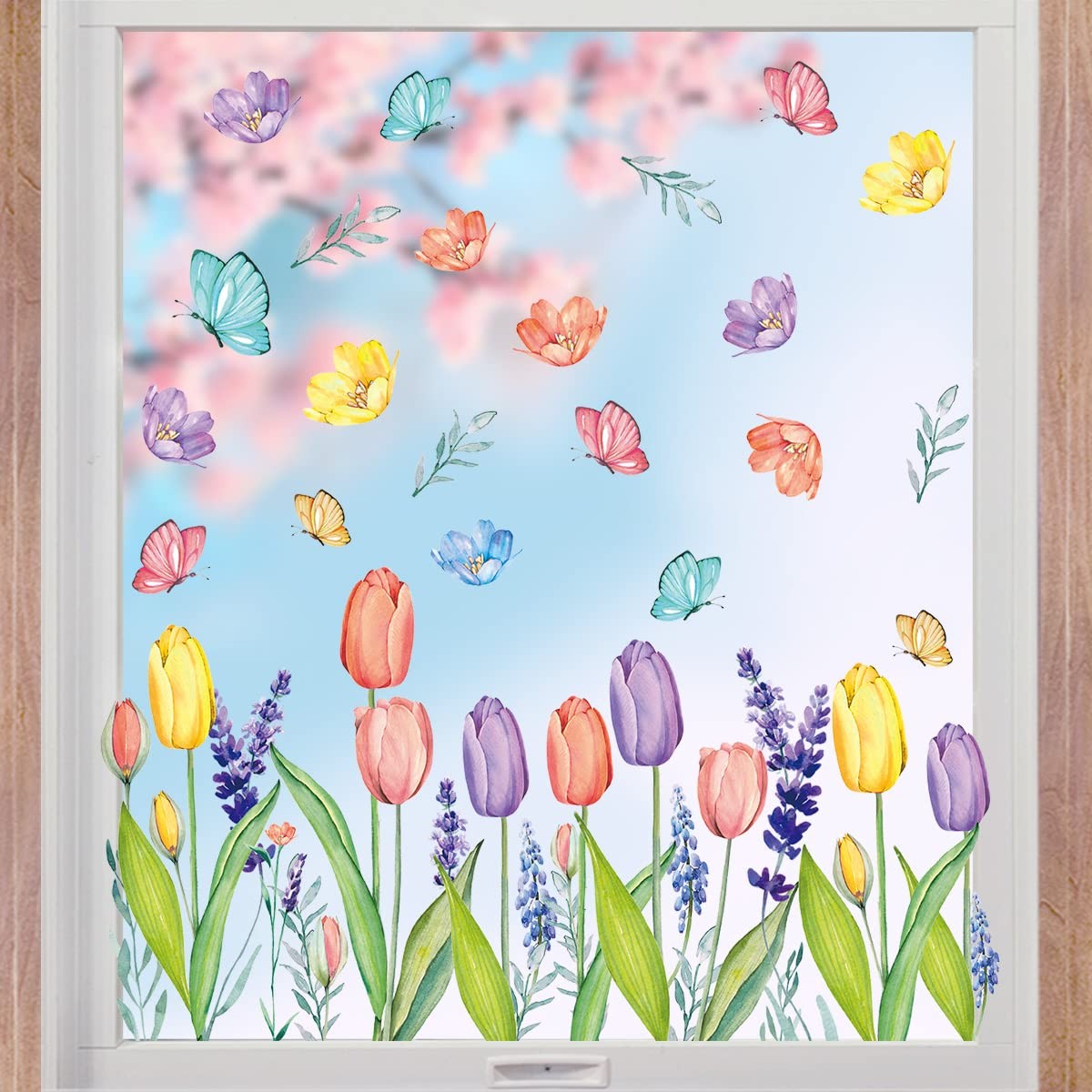 67 PCS Spring Summer Window Cling Stickers Tulip Butterfly Flower Decals Set