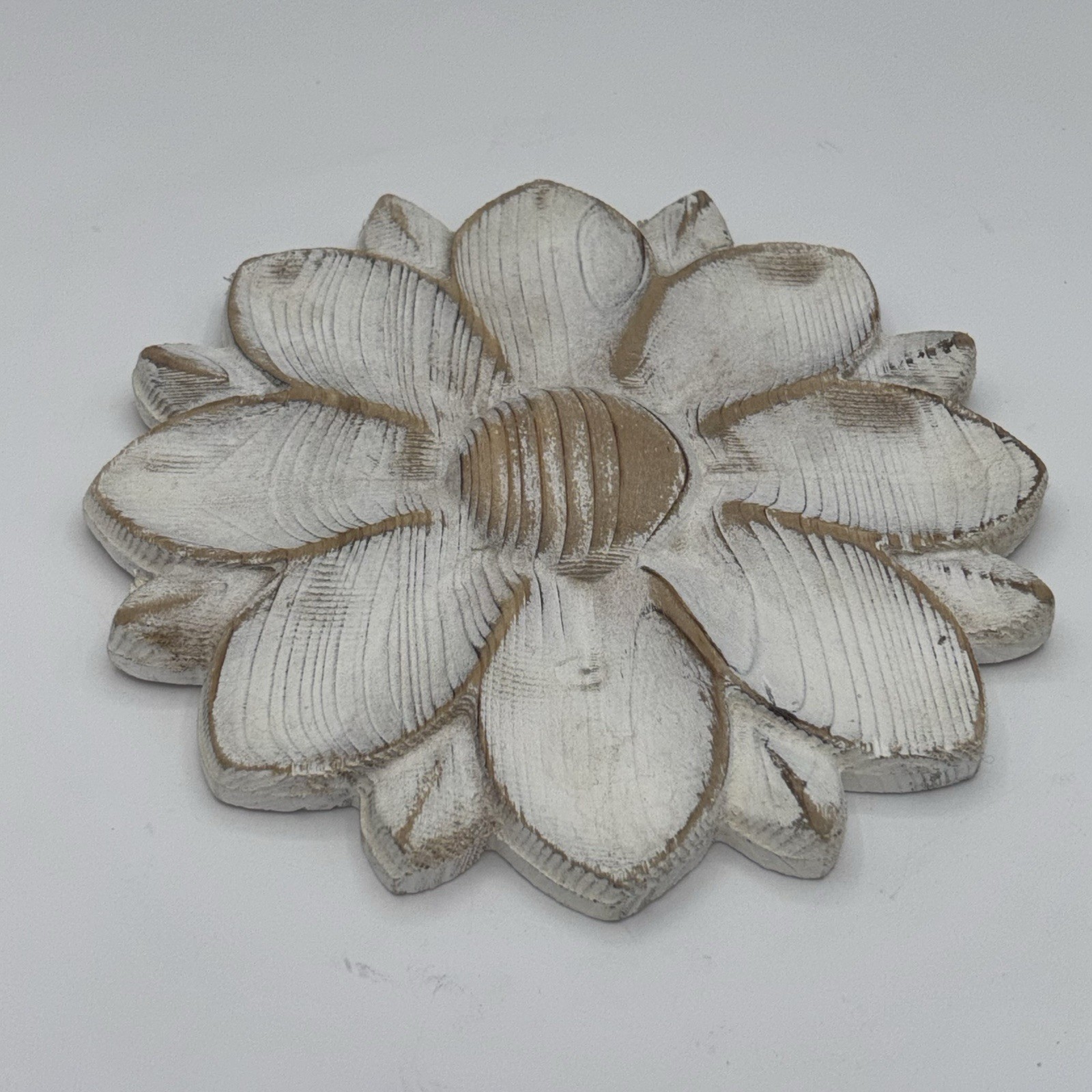 Boho White Flower Wood Wall Hanger Decor Farmhouse Cottage Distressed Accents