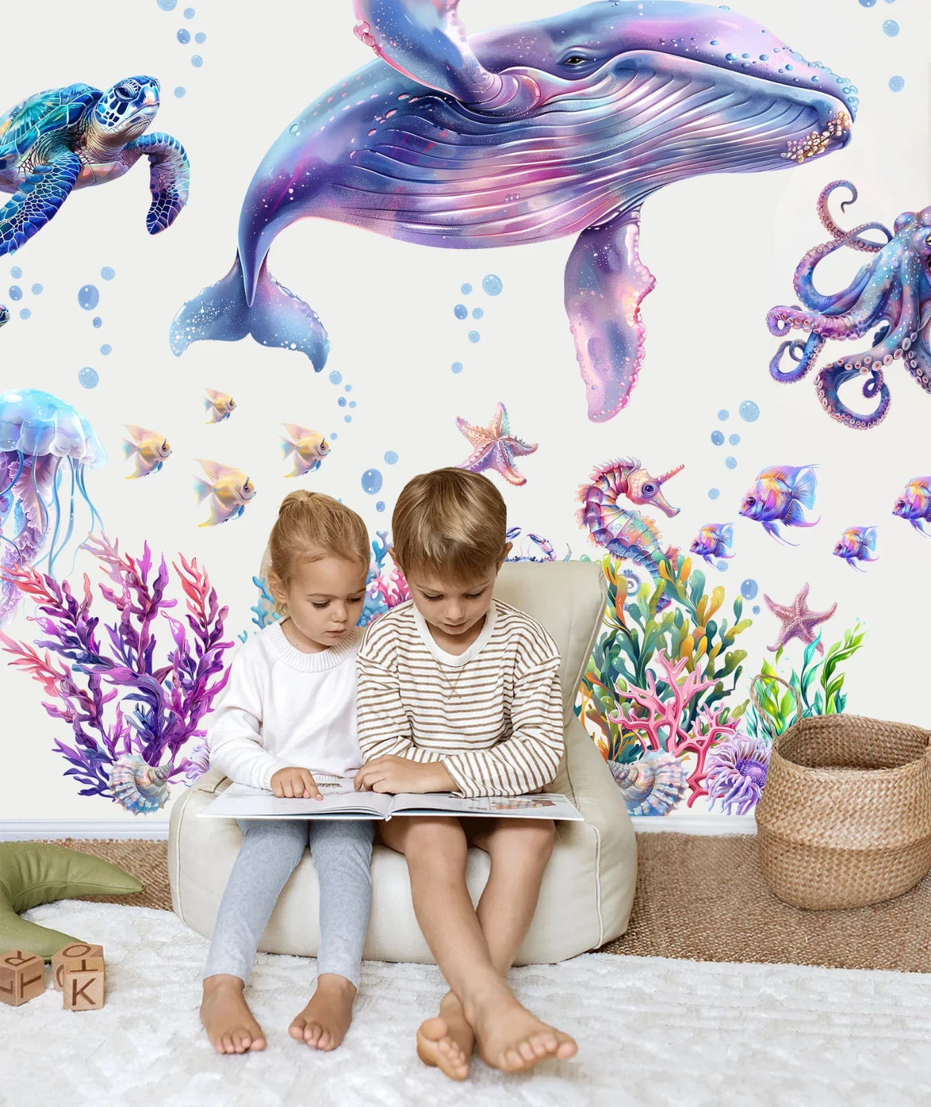 Underwater World Animal Decal with Whale,Octopus, Sea Turtle Wall Decal-BR475