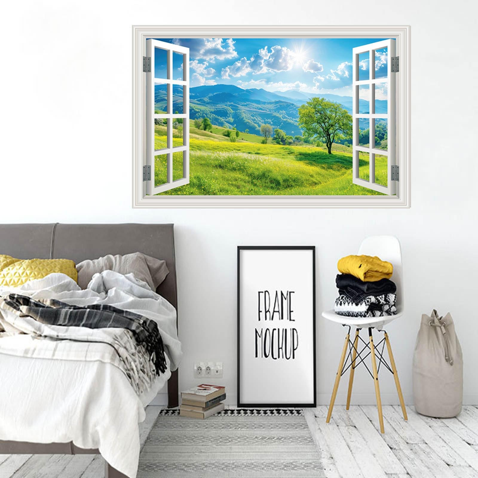 Fake Window Wall Decals Green Mountain Forest Tree Faux Window Sticker Poster…