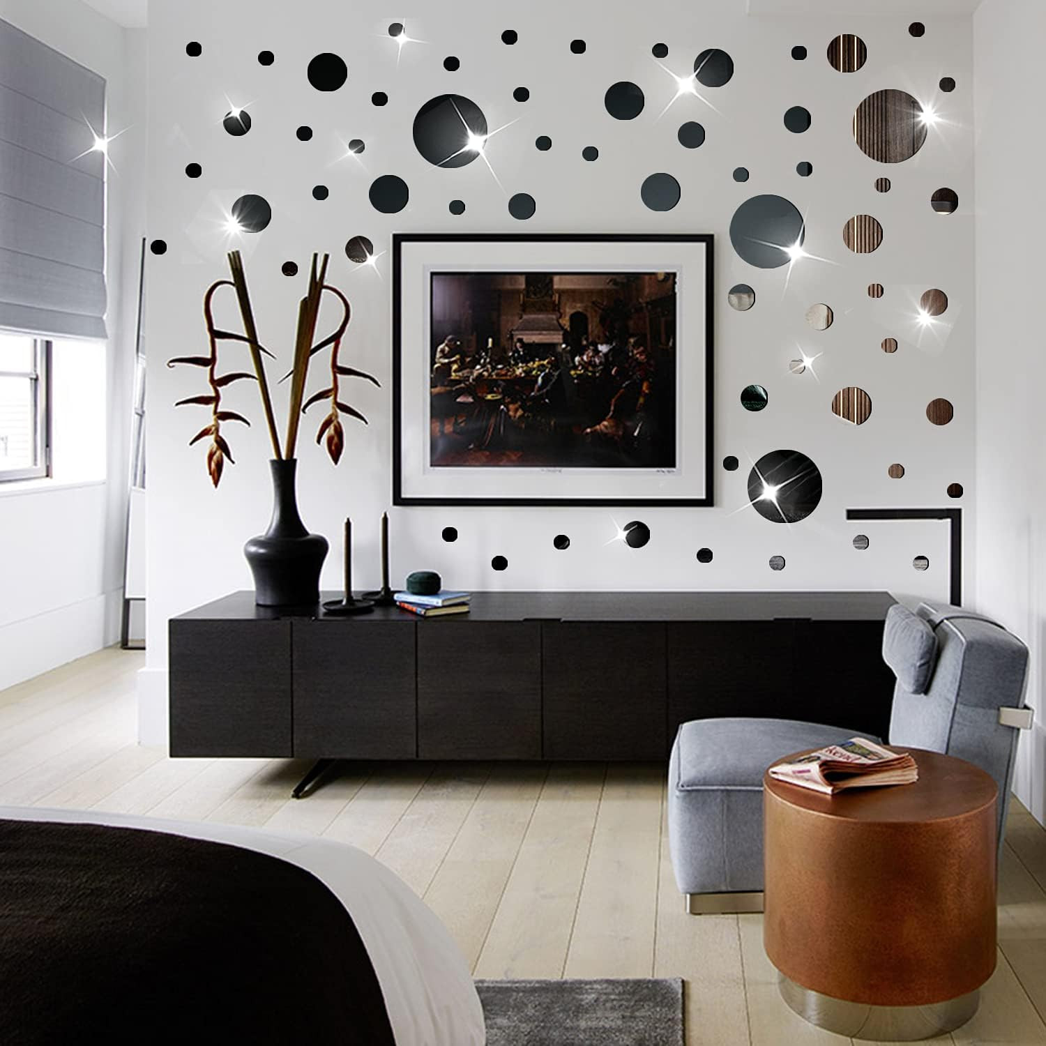 DIY Wall Decals Acrylic Mirror Sticker Set 60 Pcs, Circle Mirror Wall Stickers f