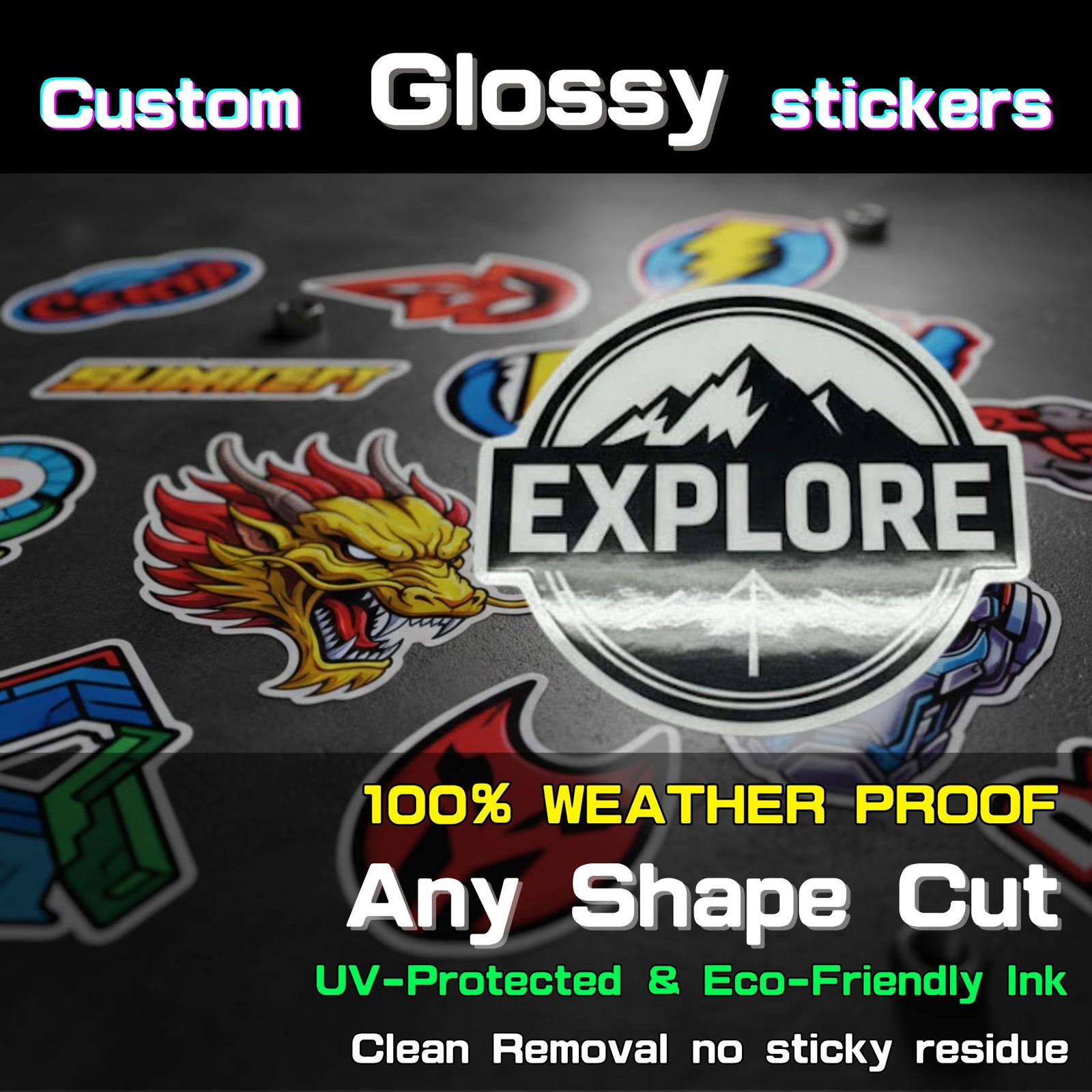 Custom Glossy Die Cut Sticker Decals Labels Logo Bulk Vinyl Waterproof UV