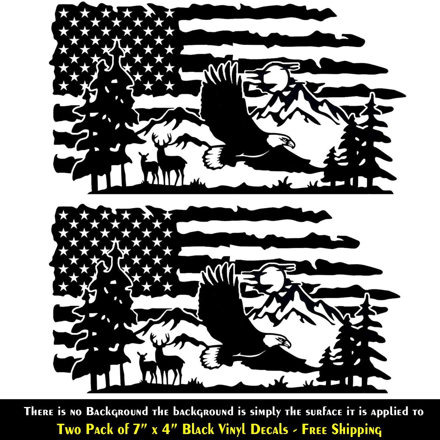 Eagle Deer Mountains American Flag Two 7″ Black Decals Vehicle Any Flat Surface