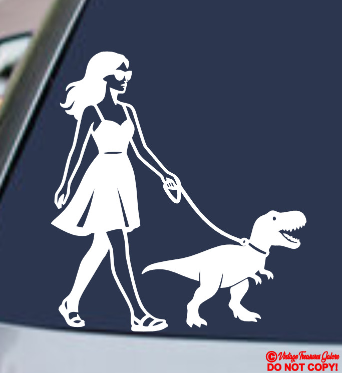 WOMAN GIRL WALKING TYRANNOSAURUS REX Vinyl Decal Sticker Car Window Bumper T-REX
