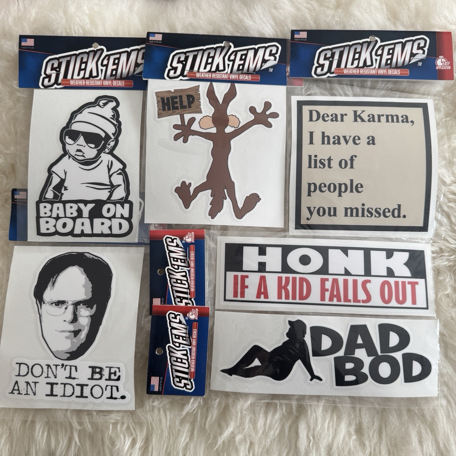 New Stick Em’s Vinyl Sticker Lot of 6 for cars truck jeep & more. Humor, USA,