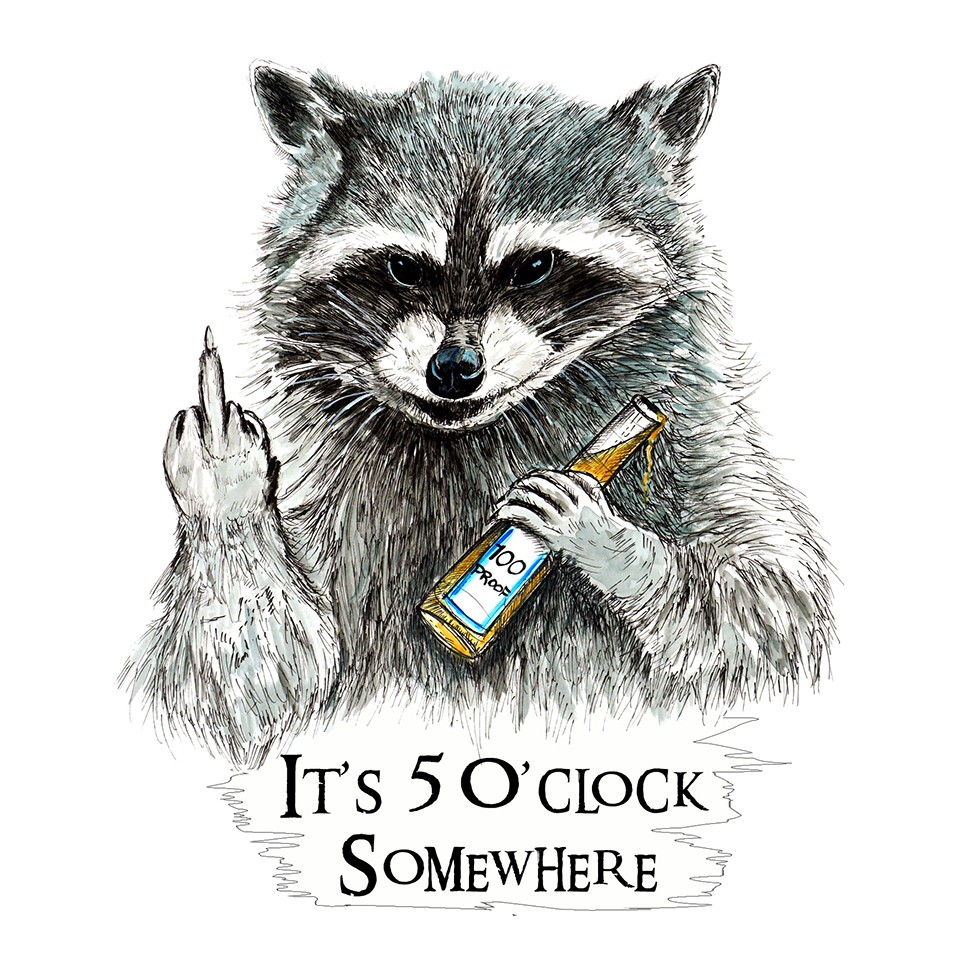 «It’s 5 o’clock Somewhere» – Rude Raccoon Vinyl Decal – Car Truck RV Boat