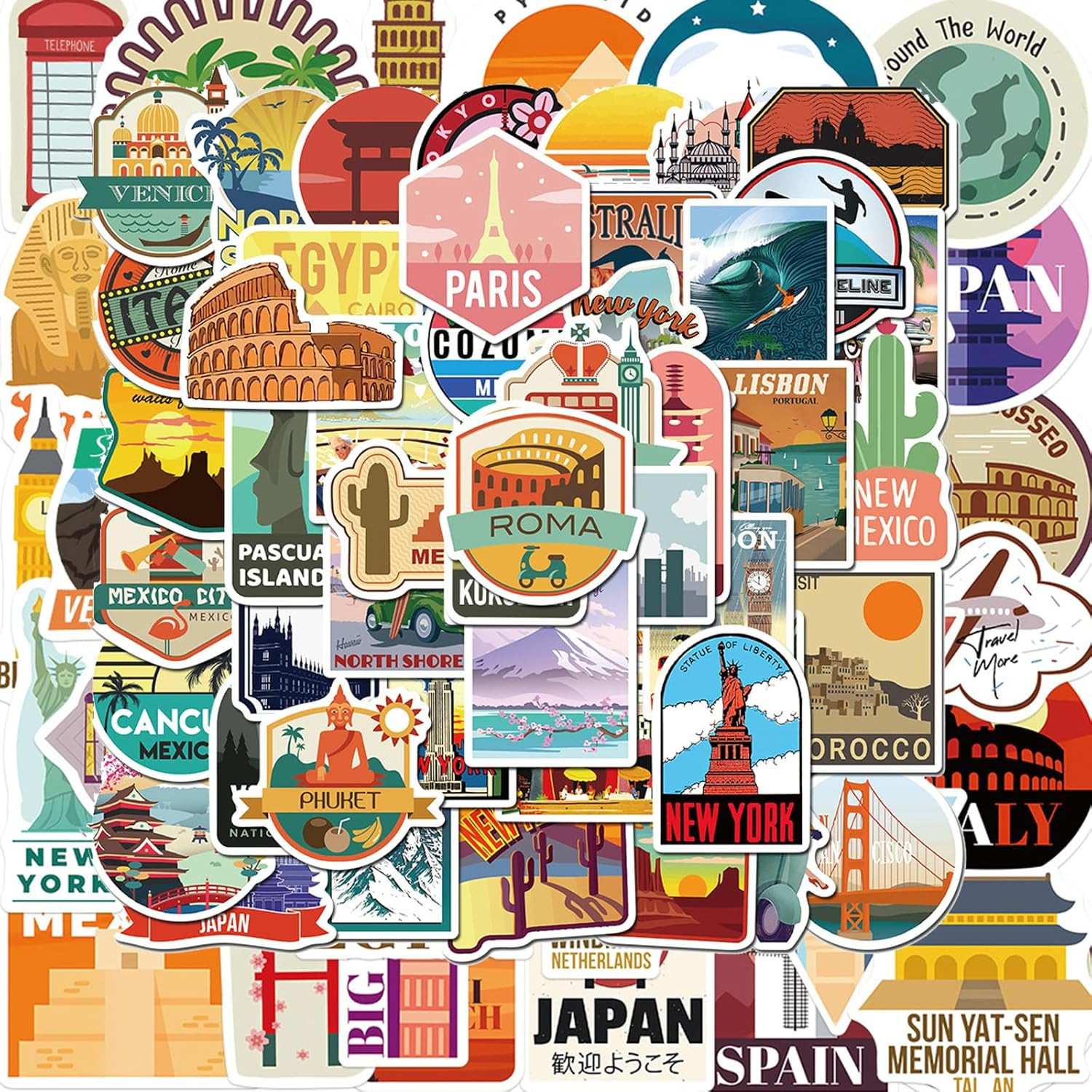 100 PCS World Travel Stickers Set – Waterproof Vinyl Cityscape Decals for Decor