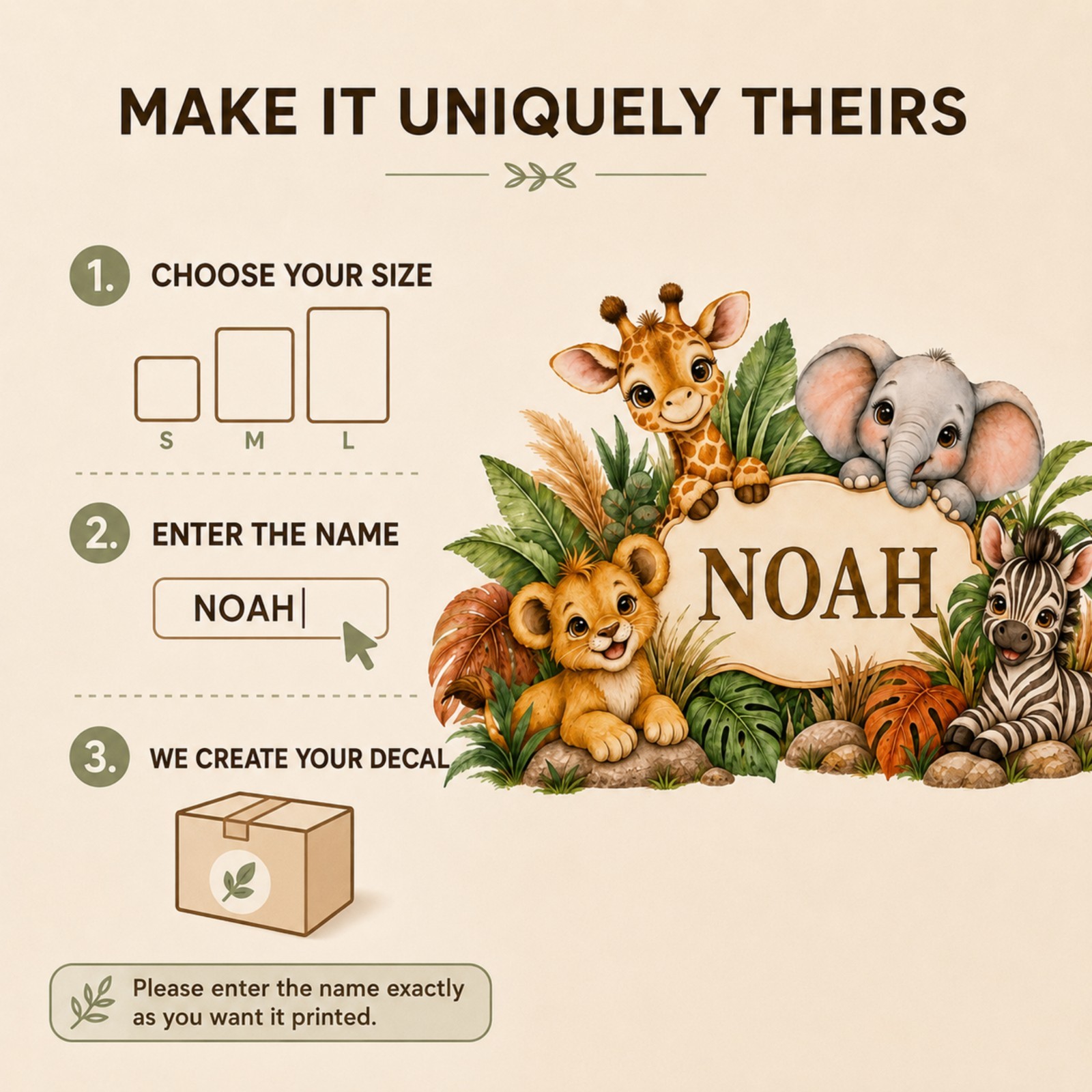 Personalized Safari Name Wall Decal Jungle Animals Nursery Sticker MELU-004