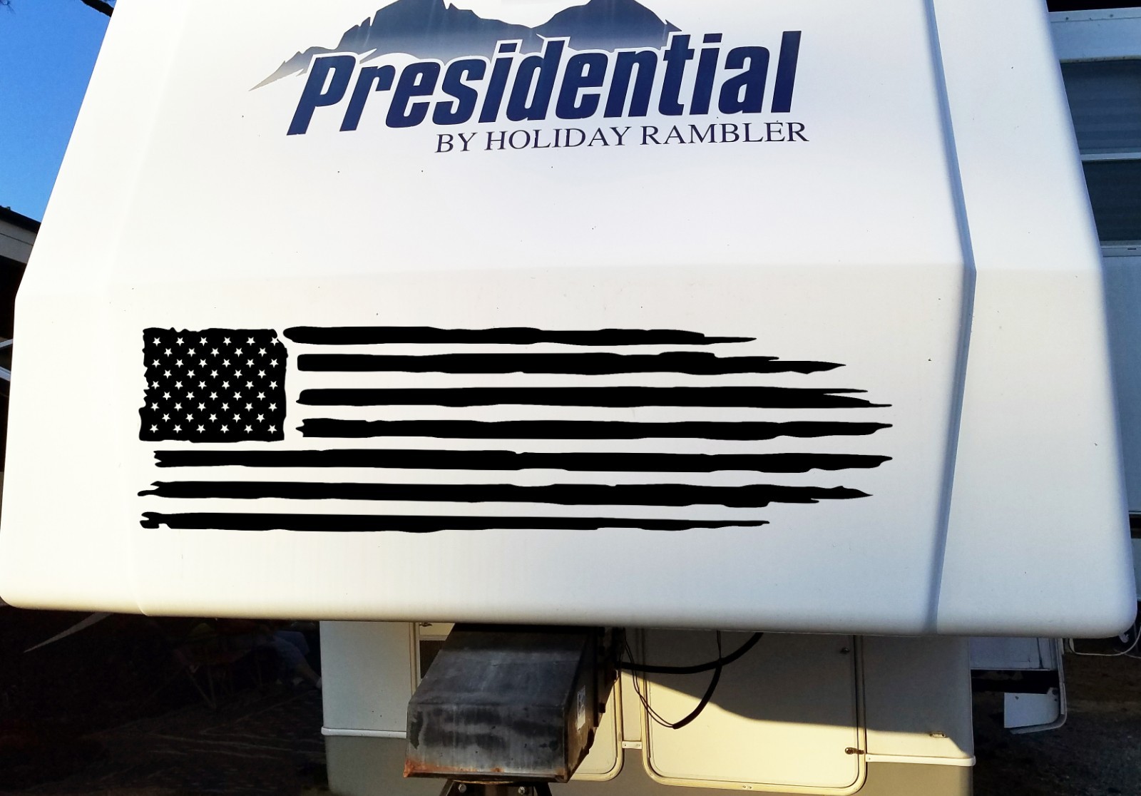 Distressed American Flag in Matte Black Waterproof Vinyl Decal Truck RV Camper