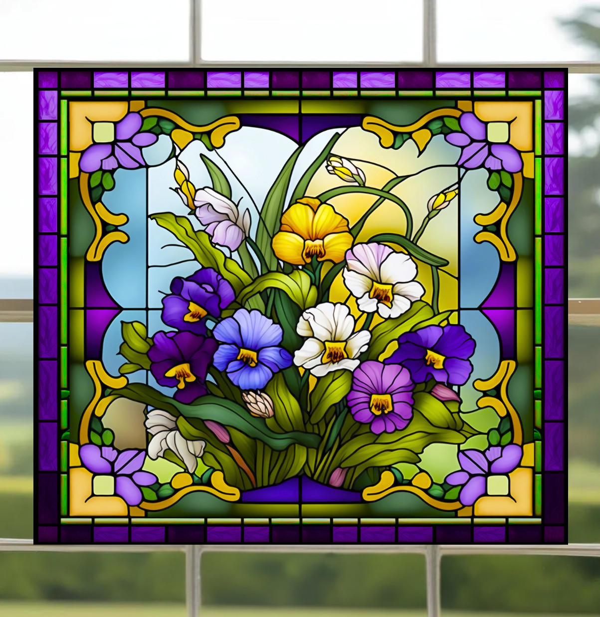 Pansies Faux Stained-Glass WINDOW CLING Size 9″ Vinyl