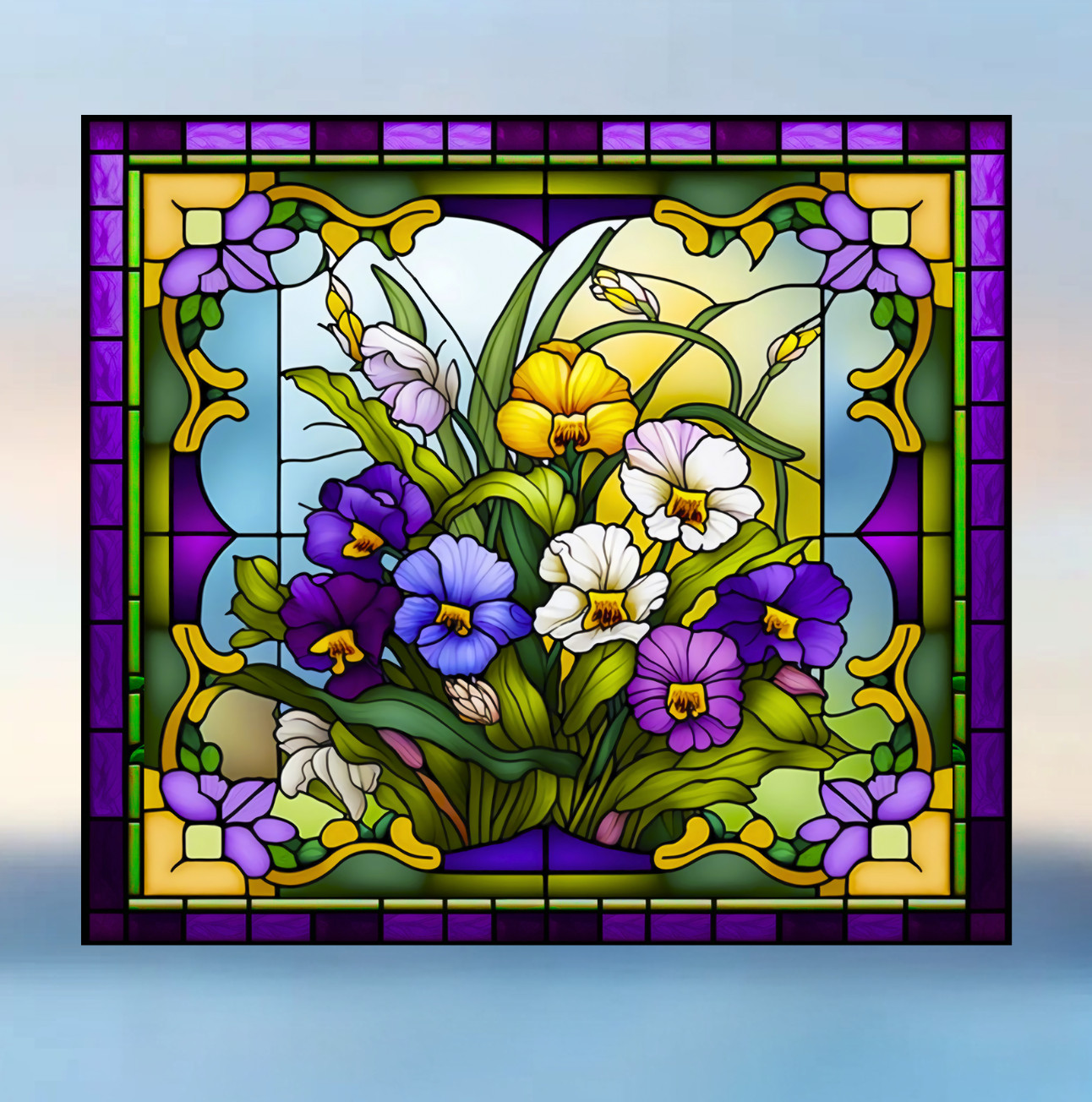 Pansies Faux Stained-Glass WINDOW CLING Size 9″ Vinyl