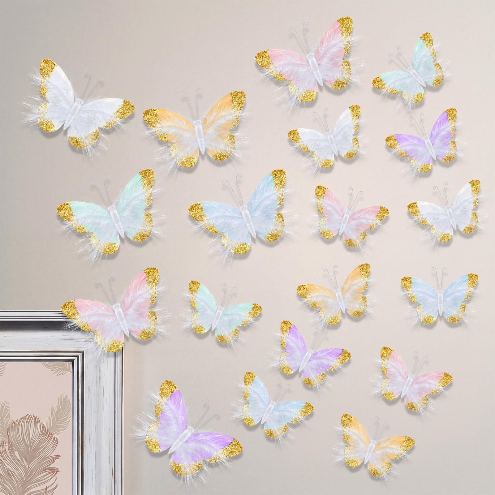 24 Pcs Pastel Feather 3D Butterfly Wall Stickers Glitter Butterfly Wall Art M…