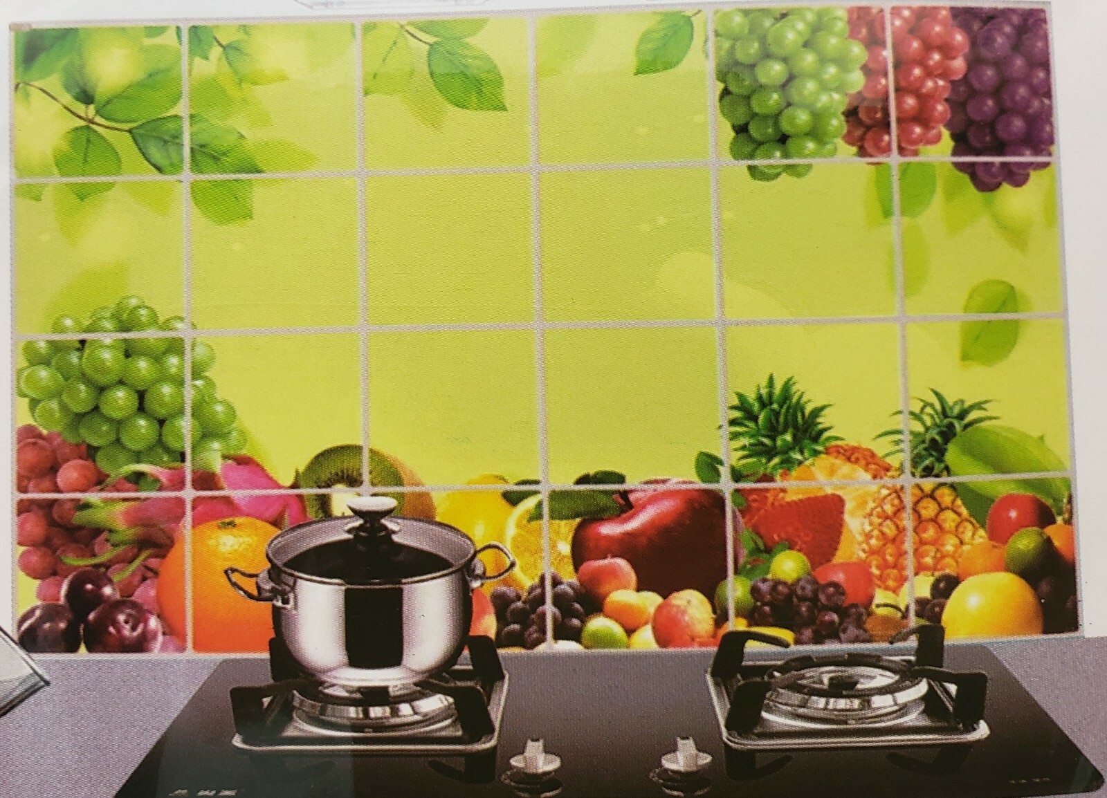 STOVE BACKSPLASH STICKER /WALL DECAL (35″x23″) COLORFUL FRUITS ON GREEN BACK # 1