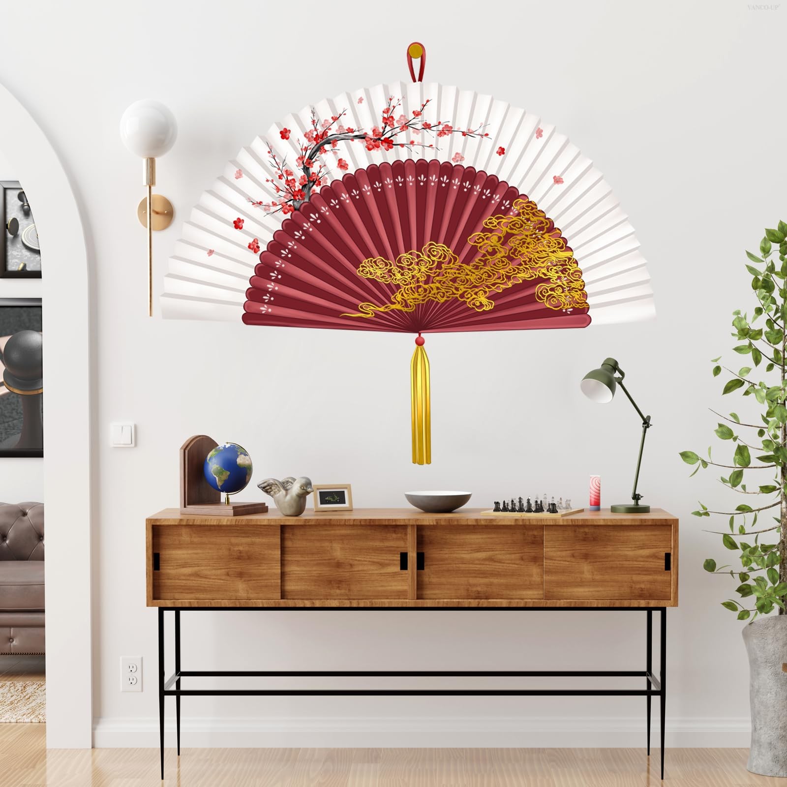 Large Chinese Folding Fan Wall Stickers Plum Blossom with Golden Cloud Accent…