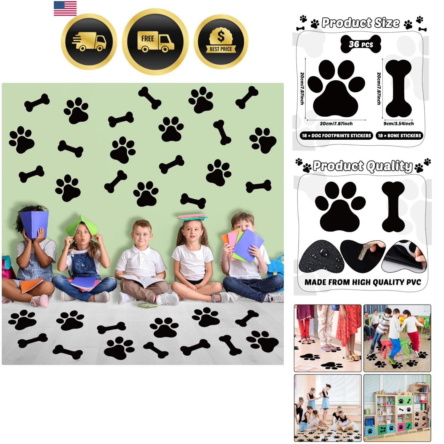 36Pcs Paw Prints Floor Decals 7.8″ Large Dog Paw Stickers Pawprints Wall Clin…