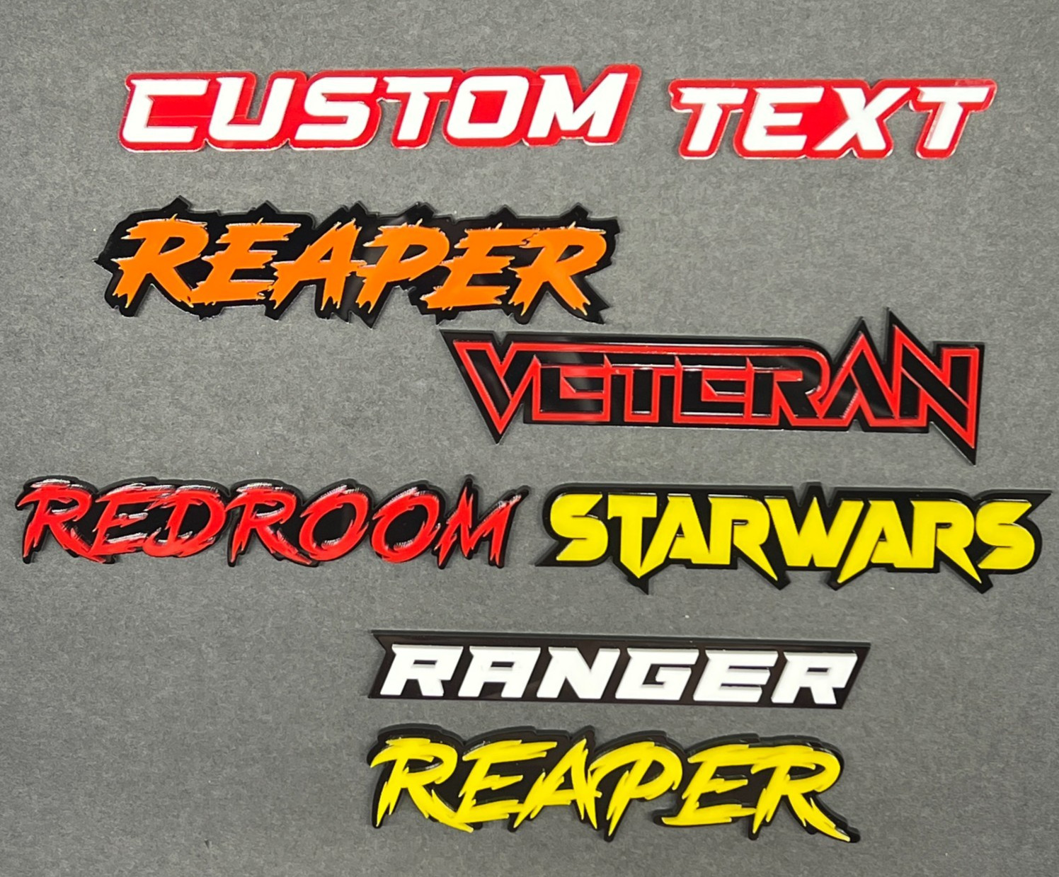 Custom Lazer-Cut Car Acrylic Emblem Badge MULTI COLOR Customized Text Names!