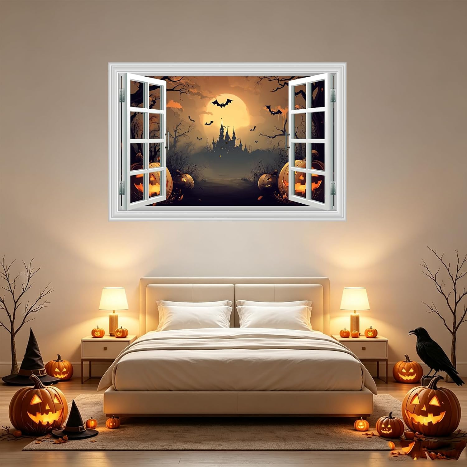 Halloween Decorations Fake Window Wall Decals，Full Moon Night View Terror Castle