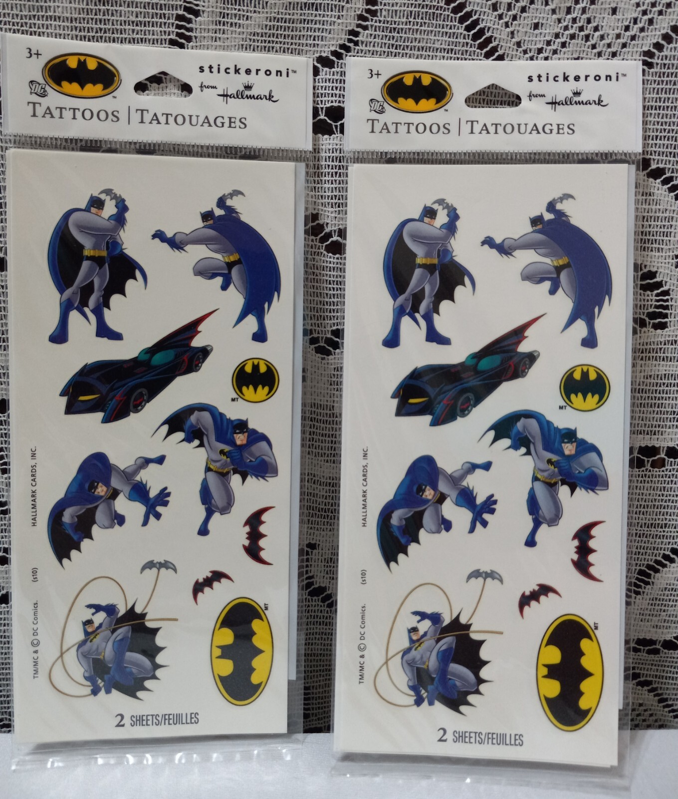 Lot 2 pks Batman Tattoos, DC Comics Super Hero Stickeroni Hallmark Ages 3 + Up