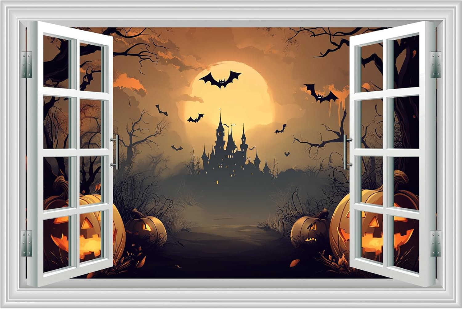 Halloween Decorations Fake Window Wall Decals，Full Moon Night View Terror Castle