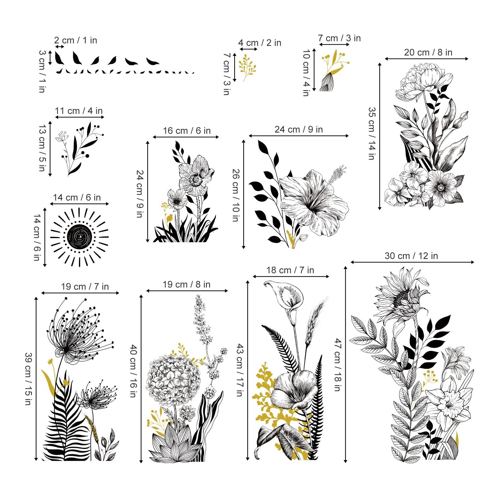 wondever Black and White Garden Flower Wall Stickers Wildflower Black Floral …