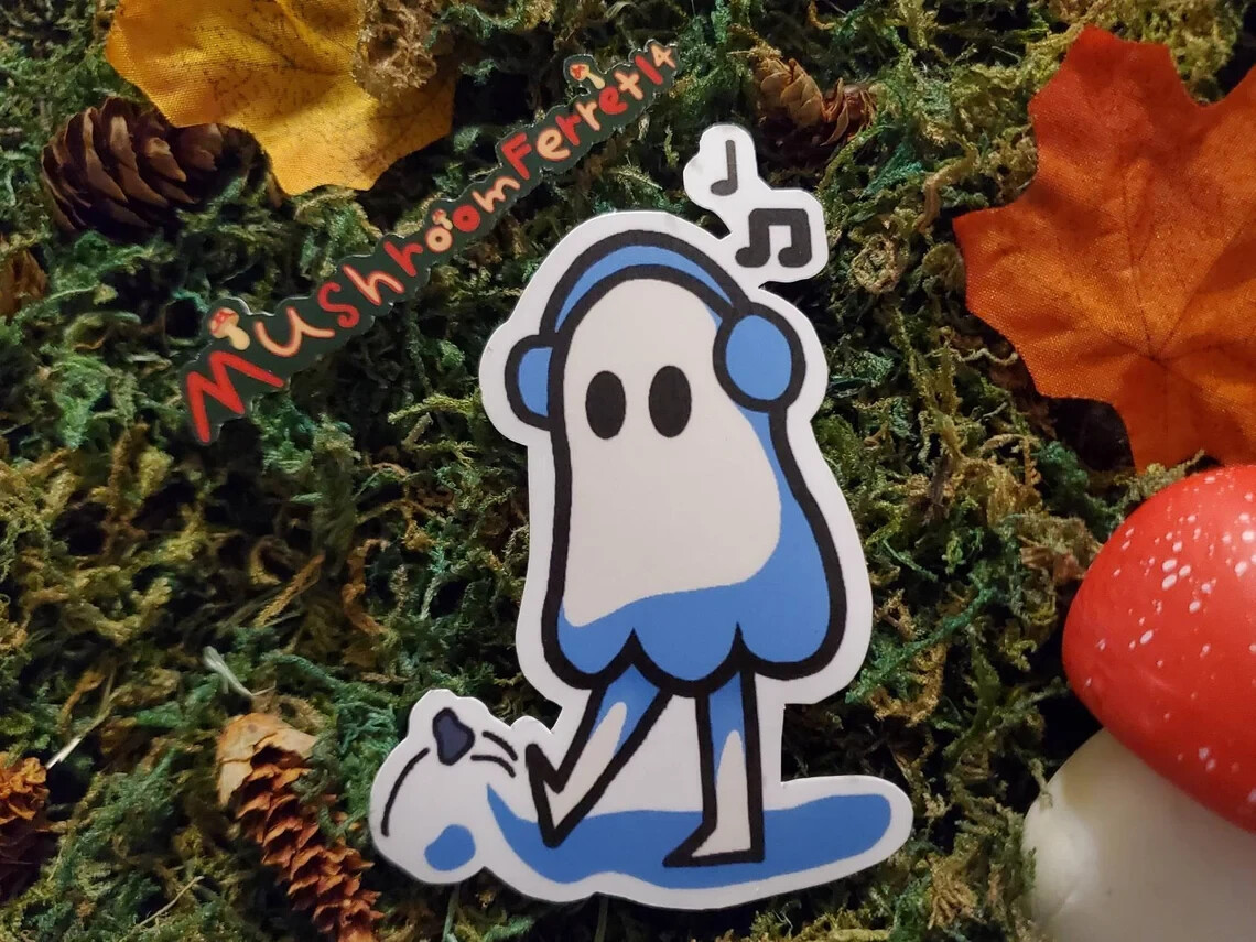 Handmade cute «Vibing Ghost» die cut sticker. See description!