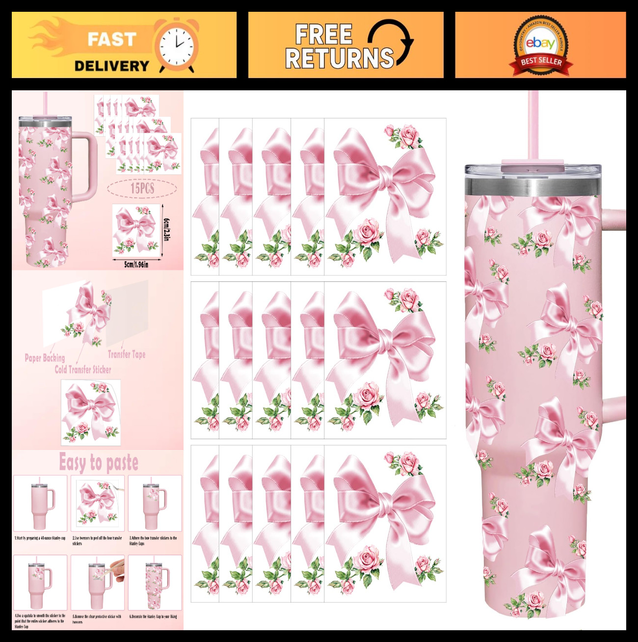 15 Sheets UV DTF Pink Bow Rose Stickers for Water Bottles & Tumblers – Cute Flor