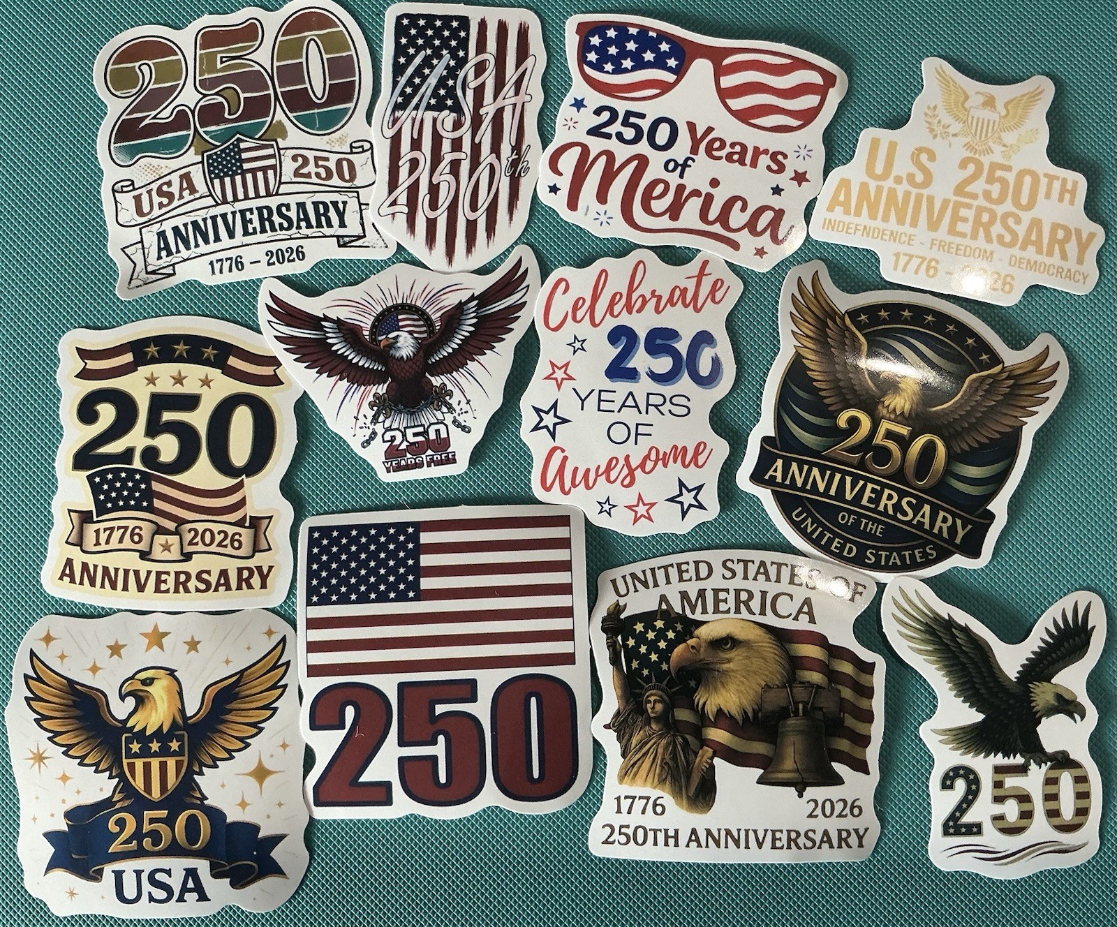 United States 250th Anniversary Stickers, Waterproof Vinyl USA 250 Years (20)