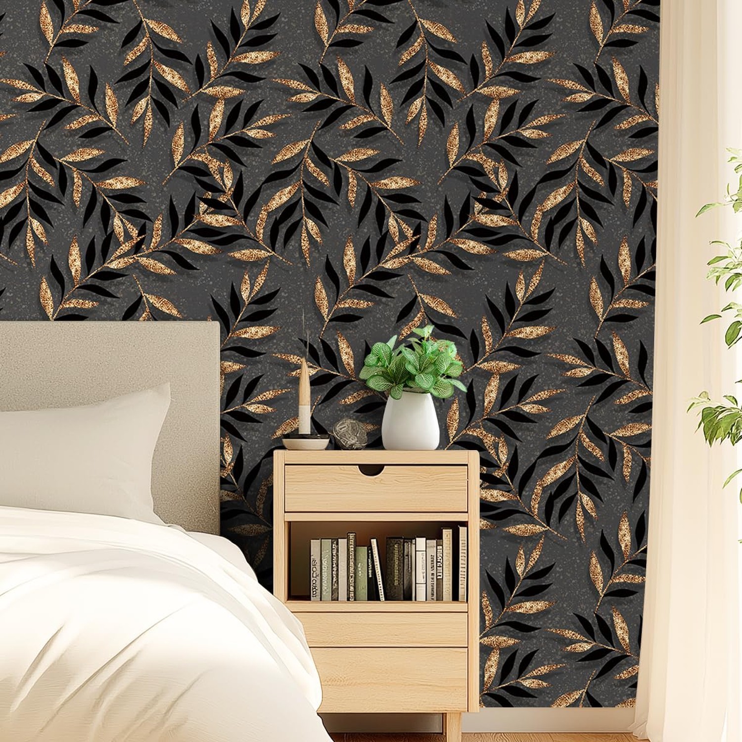 Dark Gray Background with Golden Leaf Pattern Wallpaper 17.71″x118.1″ Peel an…