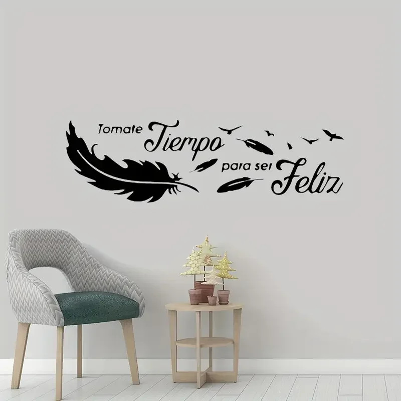Spanish Phrases Feather Wall Stickers «Tomate Tiempo Para Ser Feliz»