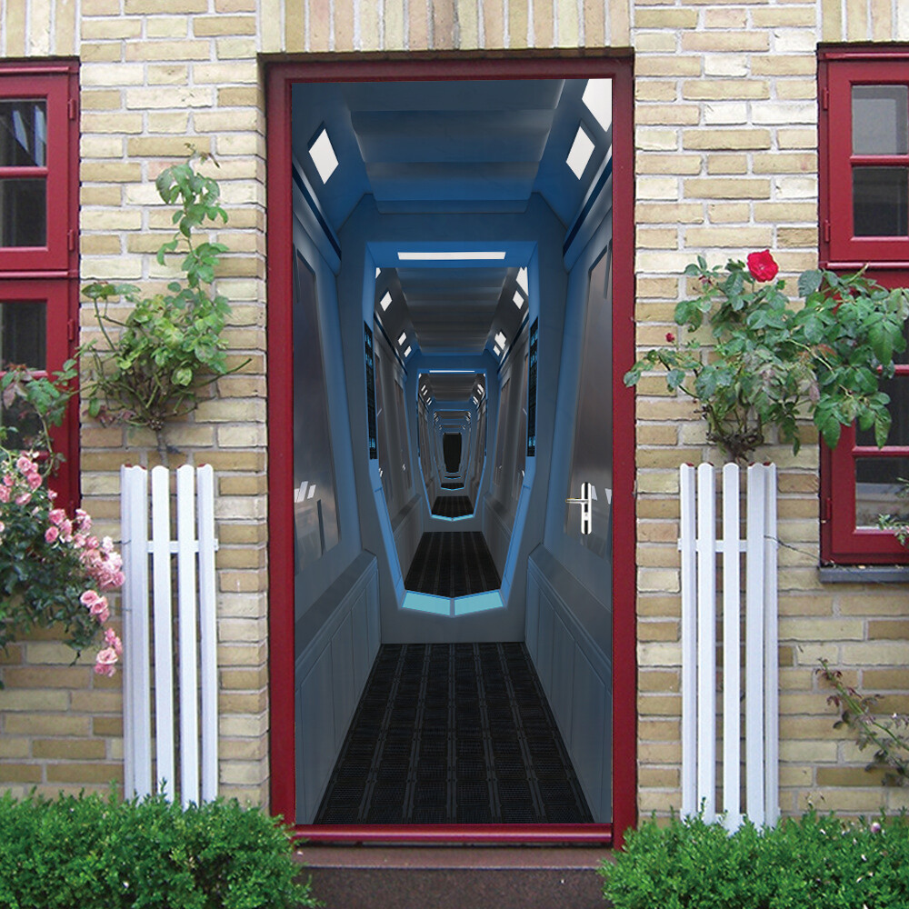 Door, Wall STICKER – Sci-Fi Metal Corridor 3D Waterproof Murals Decal Cover