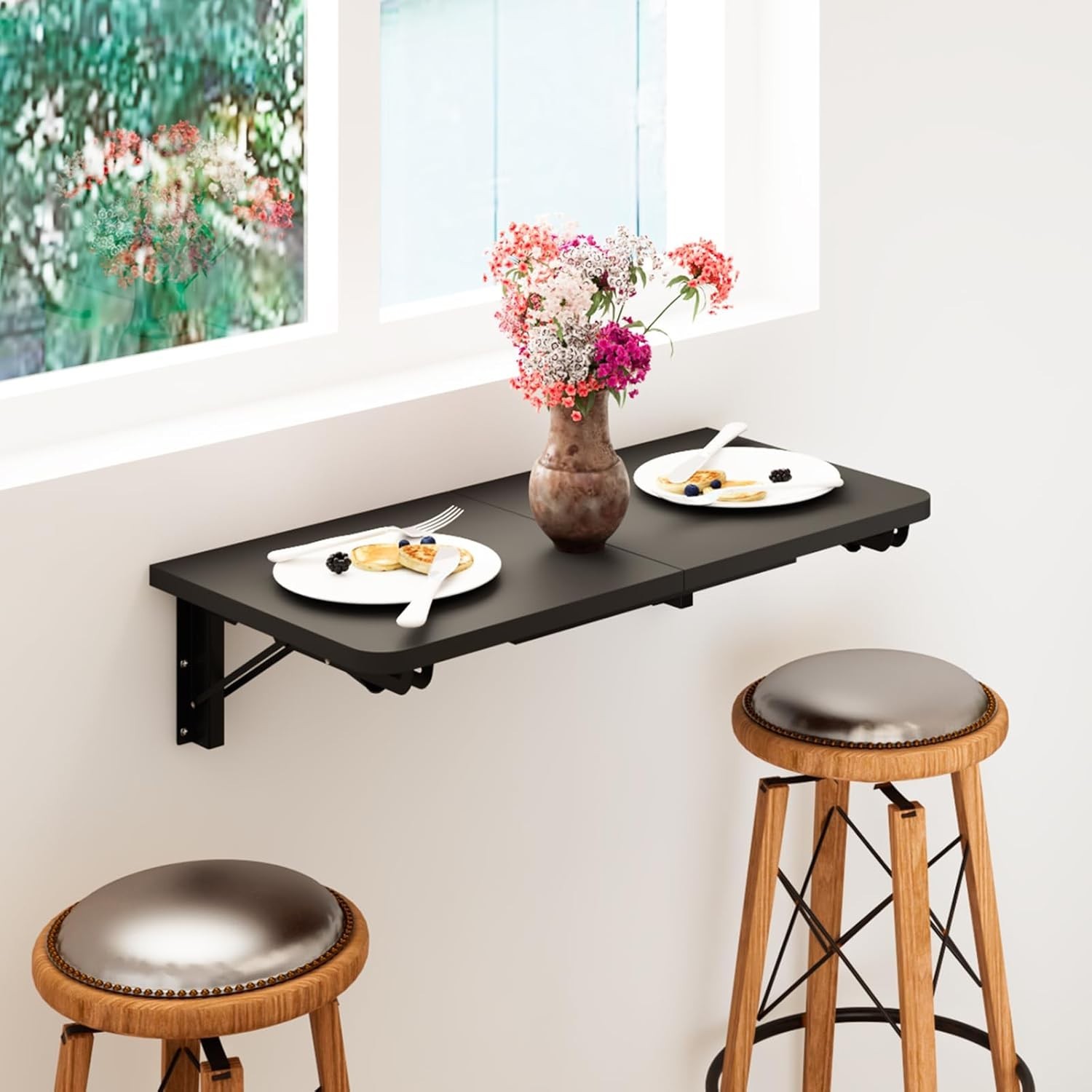 Wall Mounted Folding Table Drop Leaf Desk for Small Spaces Black Modern