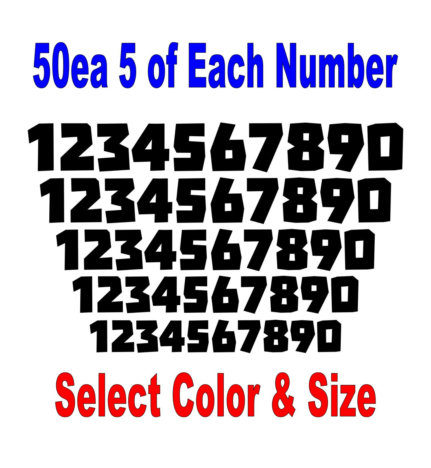 0-9 Numbers 50 ea Block Font Vinyl Sticker Decals FN4 – Select Color & Size