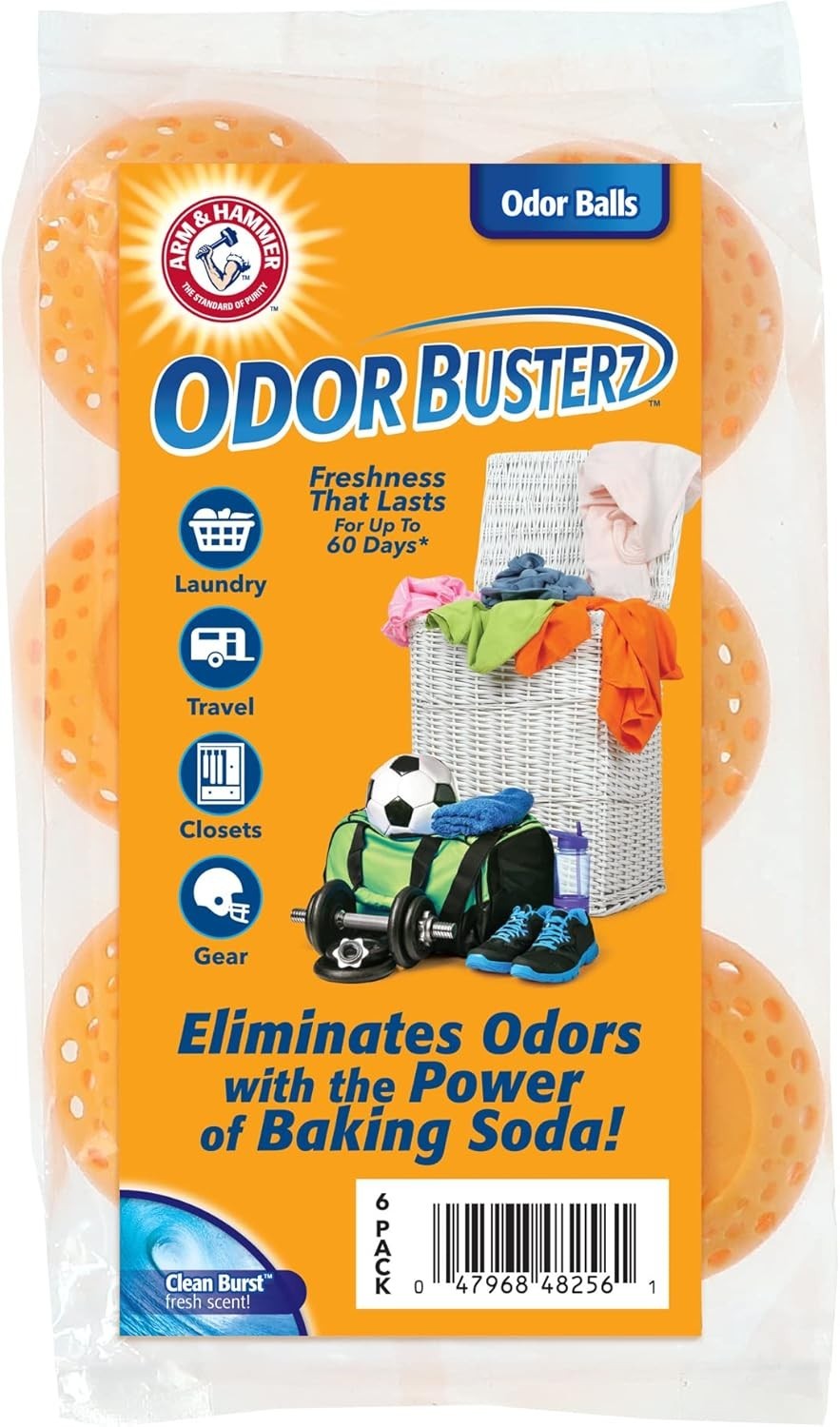 OdorBusterz Odor Eliminator Balls, Clean Burst, 6 Count – Baking Soda Odor Co…