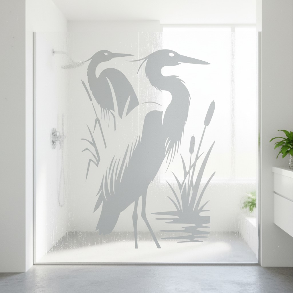 Heron Marsh Bird Etched Glass Look Decal Shower Door Windows 22″ wide x 30″ tall