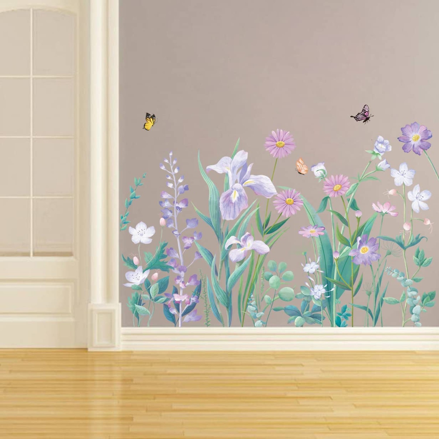 Runtoo Purple Flowers Wall Decal Butterfly Garden Floral Wall Stickers for Gi…