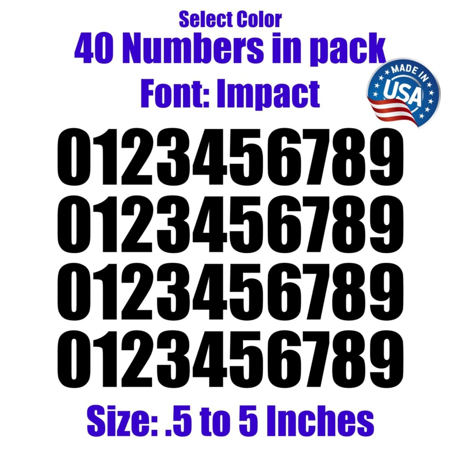 0-9 Numbers Font: IMPACT Set of 40 Vinyl Decals – Select Color Size 1/2″ to 5″